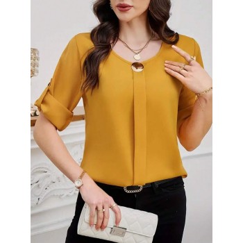 Women Solid Roll Up Sleeve Blouse