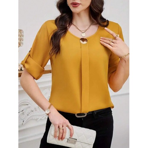 Women Solid Roll Up Sleeve Blouse