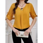 Women Solid Roll Up Sleeve Blouse