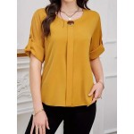 Women Solid Roll Up Sleeve Blouse