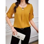 Women Solid Roll Up Sleeve Blouse