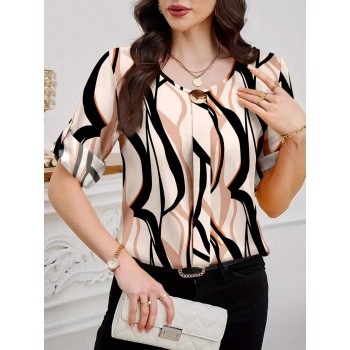 Women s Decorative Button Full Print Roll Tab Sleeve Shirt