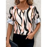 Women s Decorative Button Full Print Roll Tab Sleeve Shirt