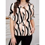 Women s Decorative Button Full Print Roll Tab Sleeve Shirt