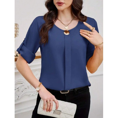 Women s Solid Color Round Neck Elegant Roll Sleeve Blouse For Office Commute