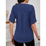 Women s Solid Color Round Neck Elegant Roll Sleeve Blouse For Office Commute