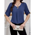 Women s Solid Color Round Neck Elegant Roll Sleeve Blouse For Office Commute