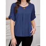 Women s Solid Color Round Neck Elegant Roll Sleeve Blouse For Office Commute