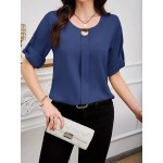 Women s Solid Color Round Neck Elegant Roll Sleeve Blouse For Office Commute