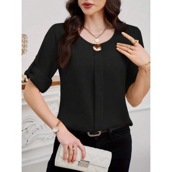 Women s Solid Color Crew Neck Short Sleeve Metal Button Decor Minimalist Commuting Black Blouse