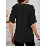 Women s Solid Color Crew Neck Short Sleeve Metal Button Decor Minimalist Commuting Black Blouse