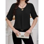 Women s Solid Color Crew Neck Short Sleeve Metal Button Decor Minimalist Commuting Black Blouse