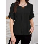 Women s Solid Color Crew Neck Short Sleeve Metal Button Decor Minimalist Commuting Black Blouse