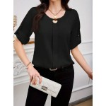 Women s Solid Color Crew Neck Short Sleeve Metal Button Decor Minimalist Commuting Black Blouse