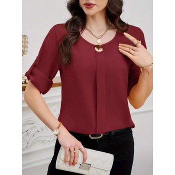 Plain Round Neck Elegant Women Work Blouse With Cuffed Sleeves