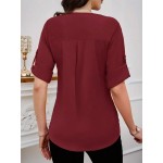 Plain Round Neck Elegant Women Work Blouse With Cuffed Sleeves