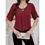 Plain Round Neck Elegant Women Work Blouse With Cuffed Sleeves