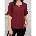 Plain Round Neck Elegant Women Work Blouse With Cuffed Sleeves