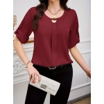 Plain Round Neck Elegant Women Work Blouse With Cuffed Sleeves