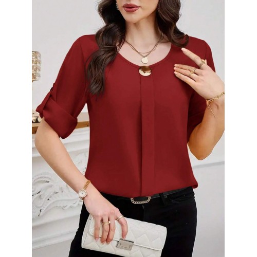 Women s Solid Color Round Neck Elegant Roll Up Sleeve Blouse For Commute