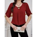 Women s Solid Color Round Neck Elegant Roll Up Sleeve Blouse For Commute