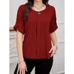 Women s Solid Color Round Neck Elegant Roll Up Sleeve Blouse For Commute