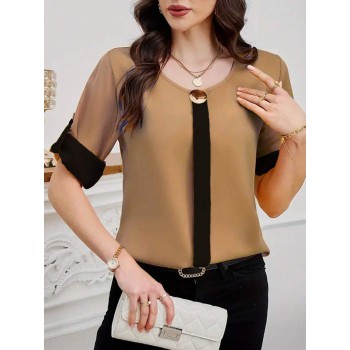 Women s Elegant Loose Color Block Metal Decor Crew Neck Roll Sleeve Blouse