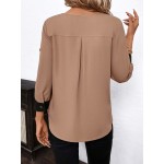 Women s Elegant Loose Color Block Metal Decor Crew Neck Roll Sleeve Blouse