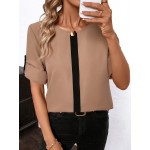 Women s Elegant Loose Color Block Metal Decor Crew Neck Roll Sleeve Blouse