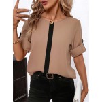 Women s Elegant Loose Color Block Metal Decor Crew Neck Roll Sleeve Blouse