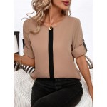 Women s Elegant Loose Color Block Metal Decor Crew Neck Roll Sleeve Blouse