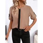 Women s Elegant Loose Color Block Metal Decor Crew Neck Roll Sleeve Blouse