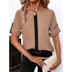 Women s Elegant Loose Color Block Metal Decor Crew Neck Roll Sleeve Blouse