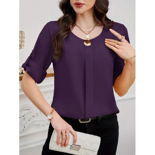 Women s Solid Color Round Neck Elegant Roll Up Sleeve Blouse