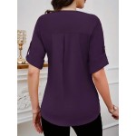 Women s Solid Color Round Neck Elegant Roll Up Sleeve Blouse