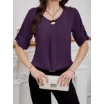 Women s Solid Color Round Neck Elegant Roll Up Sleeve Blouse