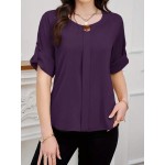 Women s Solid Color Round Neck Elegant Roll Up Sleeve Blouse