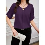 Women s Solid Color Round Neck Elegant Roll Up Sleeve Blouse