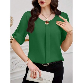 Women s Solid Color Crew Neck Cuffed Short Sleeve Blouse Summer