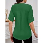 Women s Solid Color Crew Neck Cuffed Short Sleeve Blouse Summer