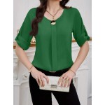 Women s Solid Color Crew Neck Cuffed Short Sleeve Blouse Summer