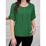 Women s Solid Color Crew Neck Cuffed Short Sleeve Blouse Summer