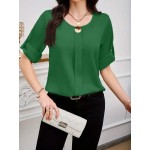 Women s Solid Color Crew Neck Cuffed Short Sleeve Blouse Summer