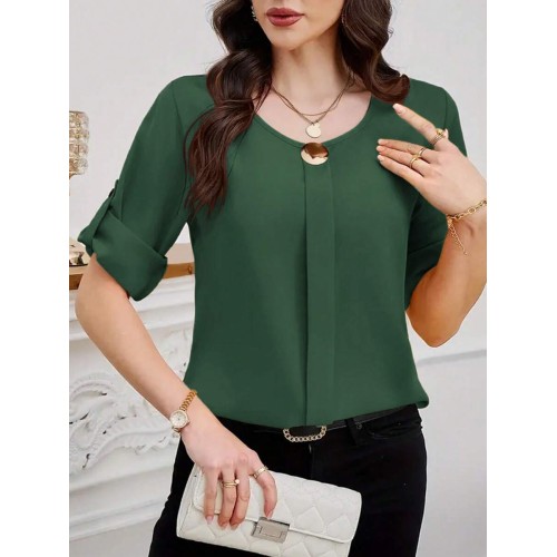 Women s Solid Color Crew Neck Elegant Roll Up Sleeve Blouse