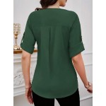 Women s Solid Color Crew Neck Elegant Roll Up Sleeve Blouse