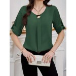 Women s Solid Color Crew Neck Elegant Roll Up Sleeve Blouse