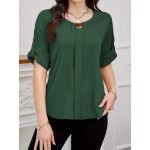 Women s Solid Color Crew Neck Elegant Roll Up Sleeve Blouse