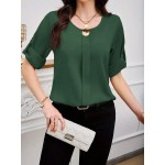 Women s Solid Color Crew Neck Elegant Roll Up Sleeve Blouse