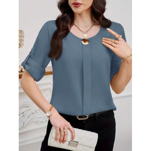 Solid Color Simple Daily Round Neck Short Sleeve Blouse For Women