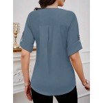 Solid Color Simple Daily Round Neck Short Sleeve Blouse For Women